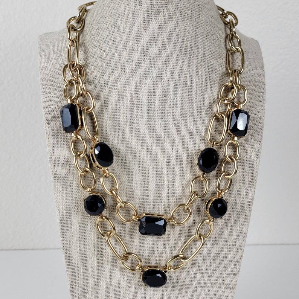New York Company Black Rhinestone Charm Gold Tone Chain Statement Necklace 19 12$